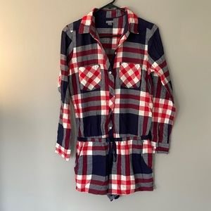 Aerie. Womens blue and red plaid flannel romper. Size small.